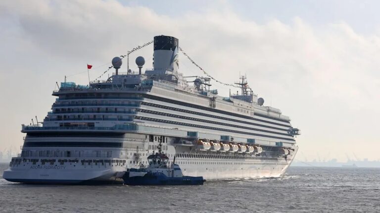 Adora Flora City viewed from the stern, with a tug alongside and the ship’s name visible on the hull.