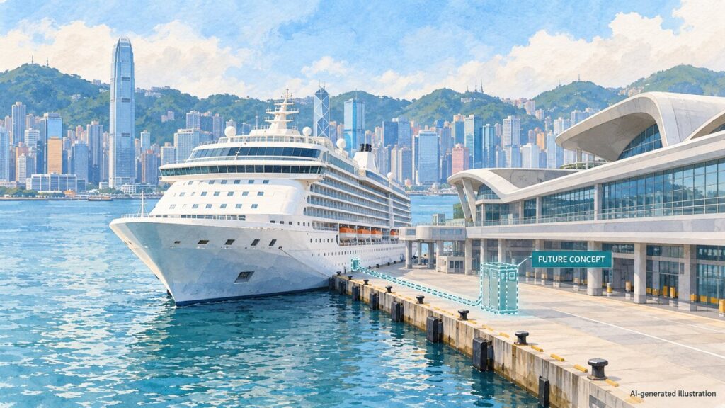 AI-generated illustration of a generic cruise ship in Hong Kong harbour, with a dashed future shore-power concept overlay; not a photograph or a depiction of installed facilities.