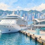 AI-generated illustration of a generic cruise ship in Hong Kong harbour, with a dashed future shore-power concept overlay; not a photograph or a depiction of installed facilities.