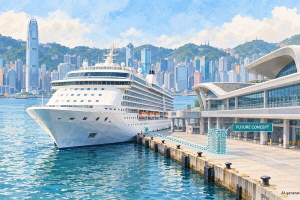 AI-generated illustration of a generic cruise ship in Hong Kong harbour, with a dashed future shore-power concept overlay; not a photograph or a depiction of installed facilities.