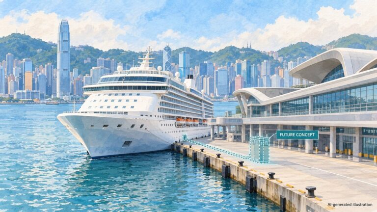 AI-generated illustration of a generic cruise ship in Hong Kong harbour, with a dashed future shore-power concept overlay; not a photograph or a depiction of installed facilities.