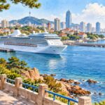 AI-generated illustration of a generic unbranded cruise ship, Qingdao-inspired coastal cityscape and visitors on a waterfront promenade; not a photograph or a specific vessel.