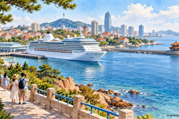 AI-generated illustration of a generic unbranded cruise ship, Qingdao-inspired coastal cityscape and visitors on a waterfront promenade; not a photograph or a specific vessel.