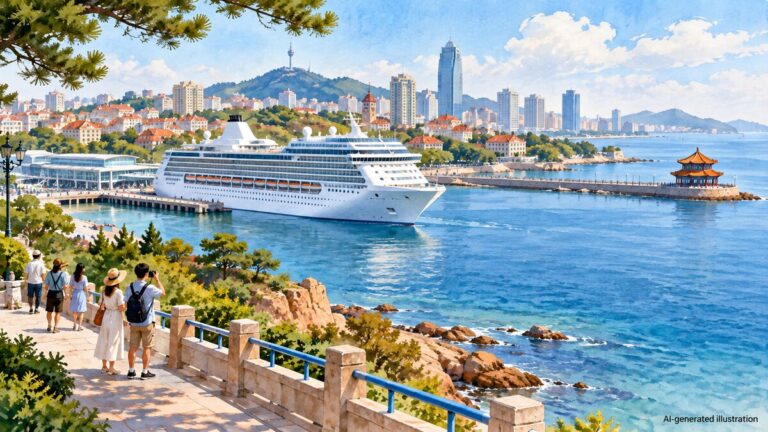 AI-generated illustration of a generic unbranded cruise ship, Qingdao-inspired coastal cityscape and visitors on a waterfront promenade; not a photograph or a specific vessel.